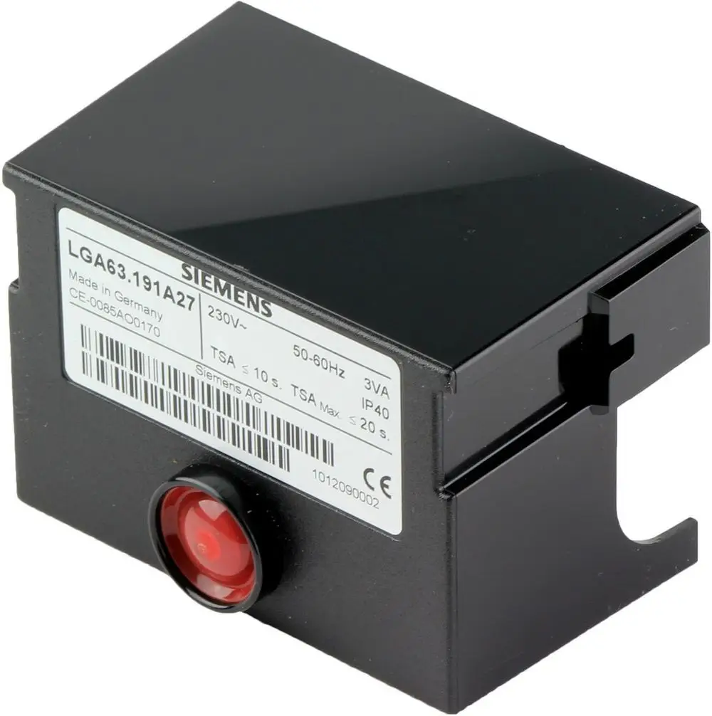 Bosch Gasfeuerungsautomat mit schwarzem Gehäuse, rotem Knopf und Label. Geeignet für den Betrieb mit 230 V, 3 VA und IP40-Schutz.
